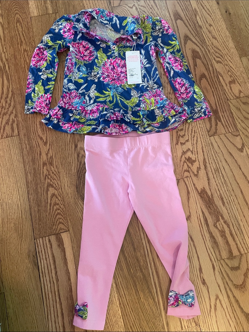 Lilly Pulitzer Navy Floral Peplum Top with Pink Bow Leggings